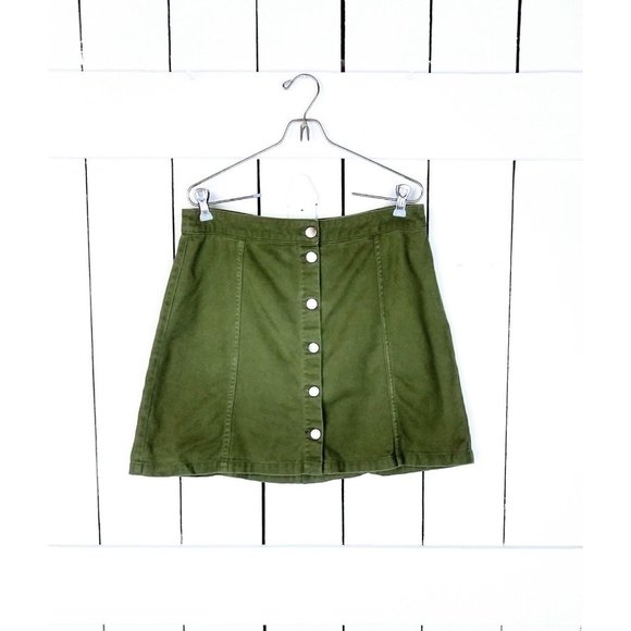 90s vintage army green button down cotton skirt - waist 30" - Picture 1 of 4